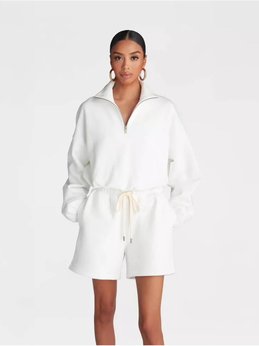 Relaxed White Half-Zip Pullover with Drawstring Waist b231